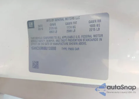 2011 Buick Lucerne Cxl из США, поврежденный, VIN 1G4HC5EM9BU120888